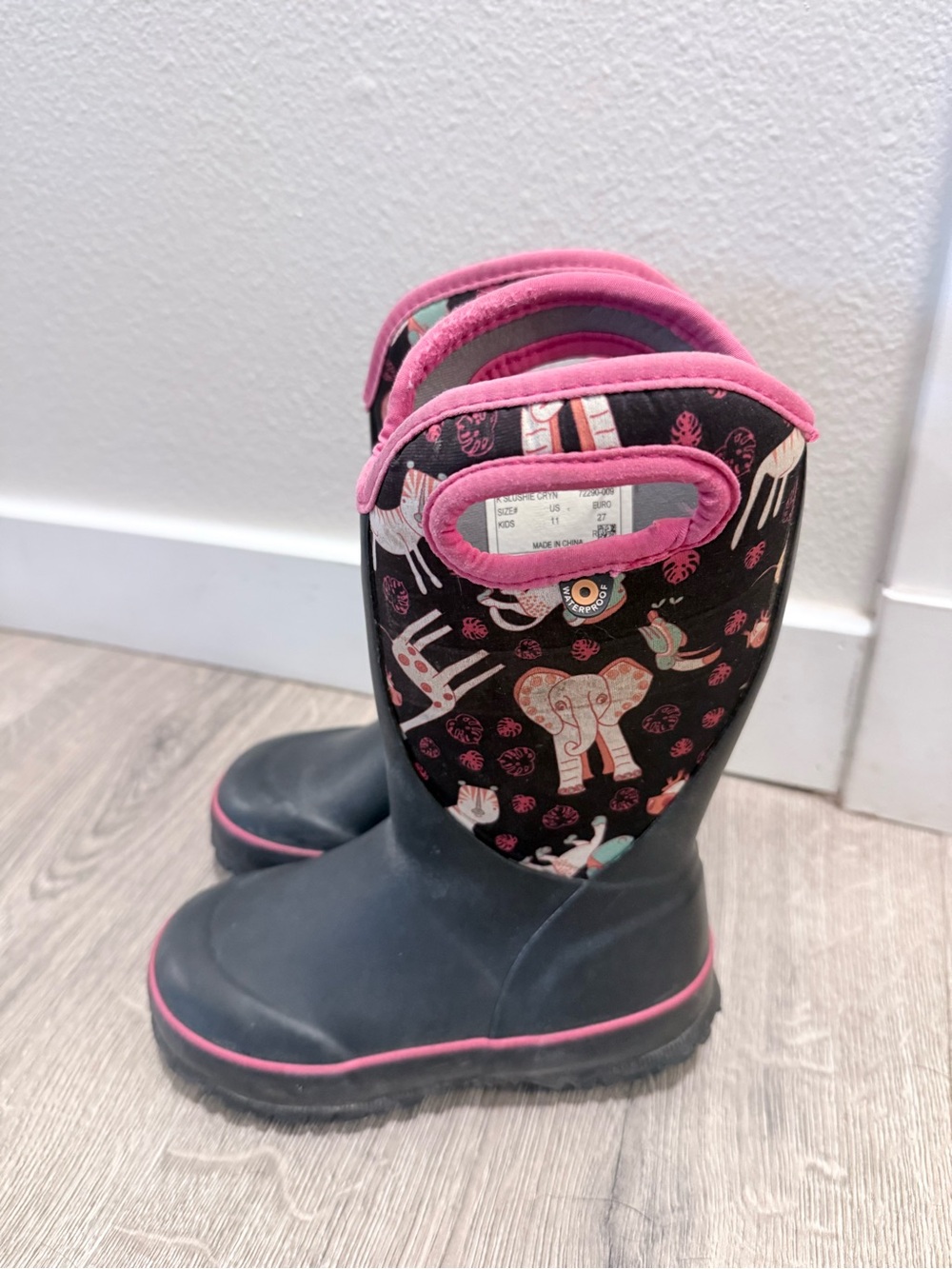 Bogs Black and Pink Kids Rain Boots with Elephant Print